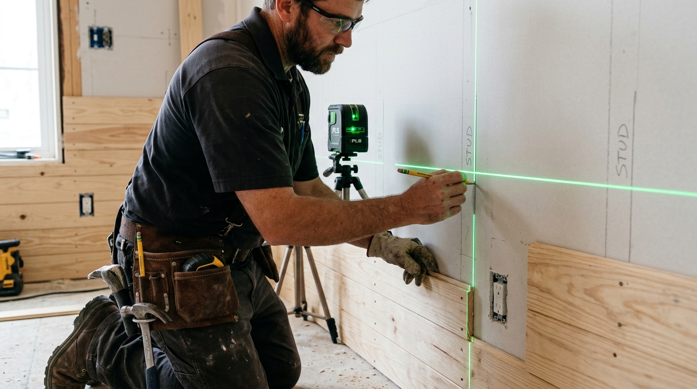 Carpenter locating wall studs with laser level